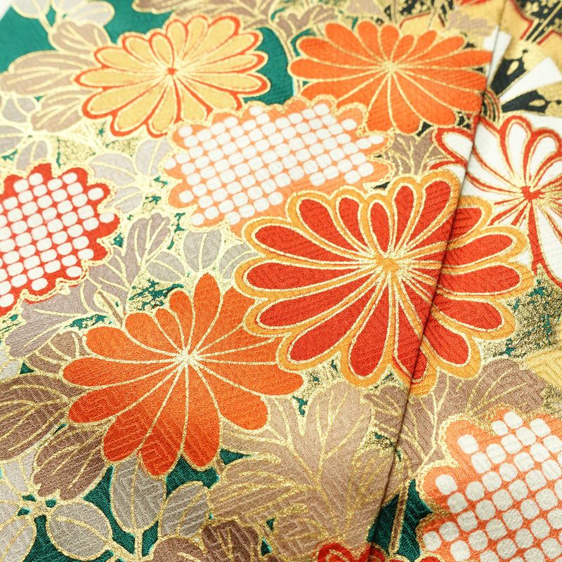 振袖 良品 正絹 古典柄 袷仕立て 身丈163cm 裄丈67.5cm 箔 金彩 フォーマル 着物 成人式 二十歳 御所車 松竹梅 菖蒲 緑・うぐいす色_画像10