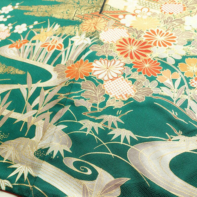 振袖 良品 正絹 古典柄 袷仕立て 身丈163cm 裄丈67.5cm 箔 金彩 フォーマル 着物 成人式 二十歳 御所車 松竹梅 菖蒲 緑・うぐいす色_画像14