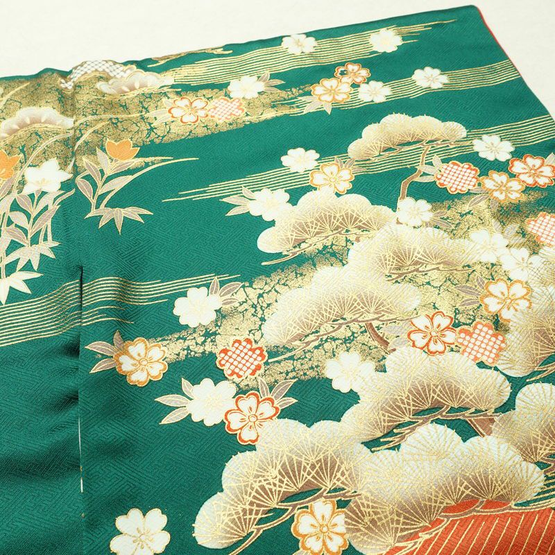 振袖 良品 正絹 古典柄 袷仕立て 身丈163cm 裄丈67.5cm 箔 金彩 フォーマル 着物 成人式 二十歳 御所車 松竹梅 菖蒲 緑・うぐいす色_画像15
