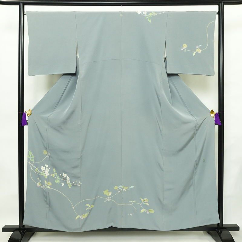 訪問着 落款入り 縮緬 一つ紋付き 正絹 木の葉・植物柄 袷仕立て 身丈157cm 裄丈66cm 共八掛 フォーマル 友禅 着物 入学式 卒業式 作家物 青・紺_画像1