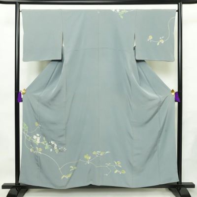 訪問着 落款入り 縮緬 一つ紋付き 正絹 木の葉・植物柄 袷仕立て 身丈157cm 裄丈66cm 共八掛 フォーマル 友禅 着物 入学式 卒業式 作家物 青・紺