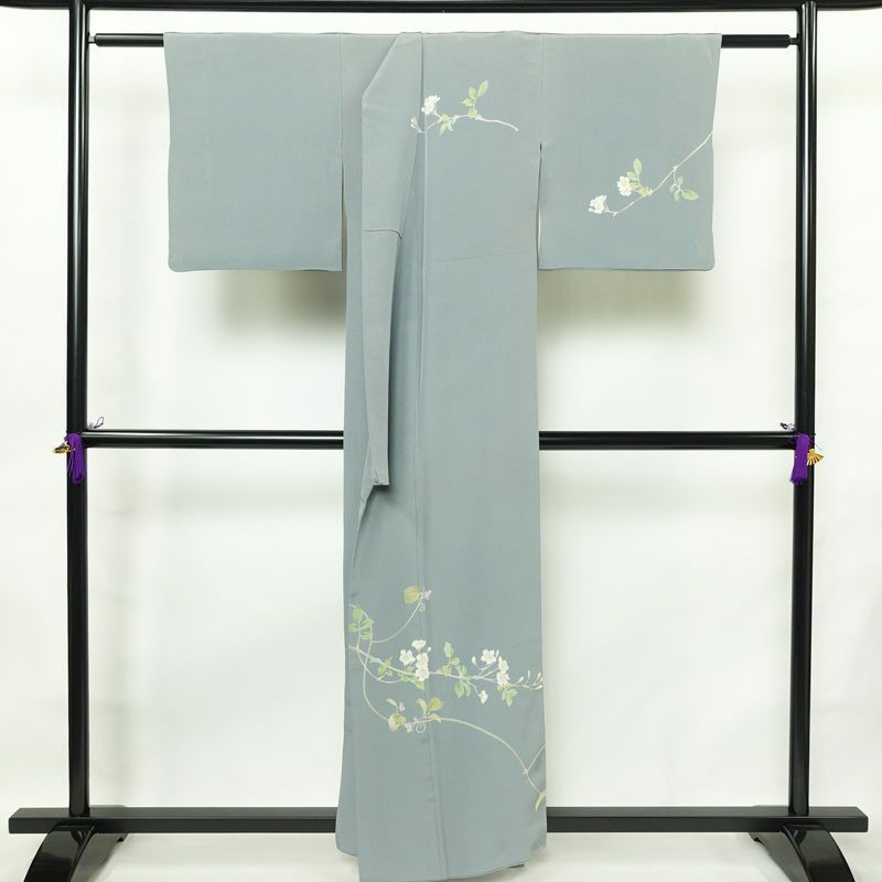 訪問着 落款入り 縮緬 一つ紋付き 正絹 木の葉・植物柄 袷仕立て 身丈157cm 裄丈66cm 共八掛 フォーマル 友禅 着物 入学式 卒業式 作家物 青・紺_画像2