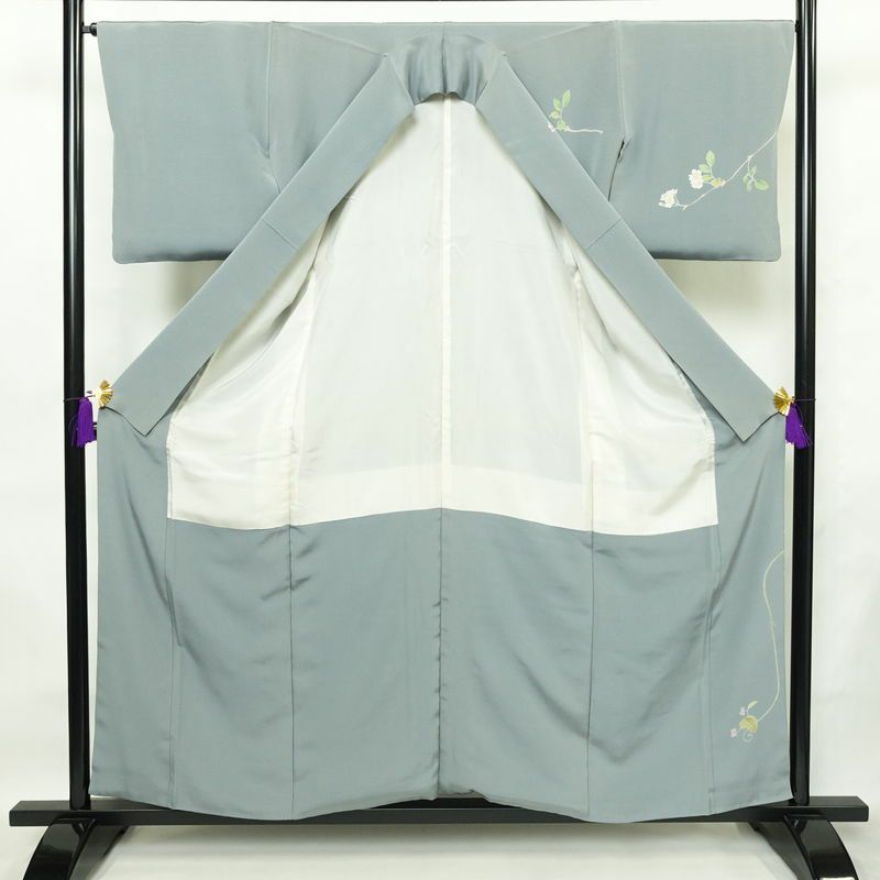 訪問着 落款入り 縮緬 一つ紋付き 正絹 木の葉・植物柄 袷仕立て 身丈157cm 裄丈66cm 共八掛 フォーマル 友禅 着物 入学式 卒業式 作家物 青・紺_画像3