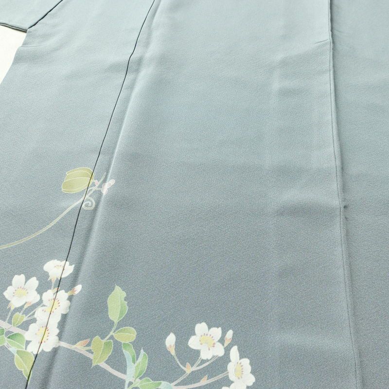 訪問着 落款入り 縮緬 一つ紋付き 正絹 木の葉・植物柄 袷仕立て 身丈157cm 裄丈66cm 共八掛 フォーマル 友禅 着物 入学式 卒業式 作家物 青・紺_画像5