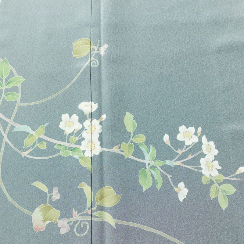 訪問着 落款入り 縮緬 一つ紋付き 正絹 木の葉・植物柄 袷仕立て 身丈157cm 裄丈66cm 共八掛 フォーマル 友禅 着物 入学式 卒業式 作家物 青・紺_画像6