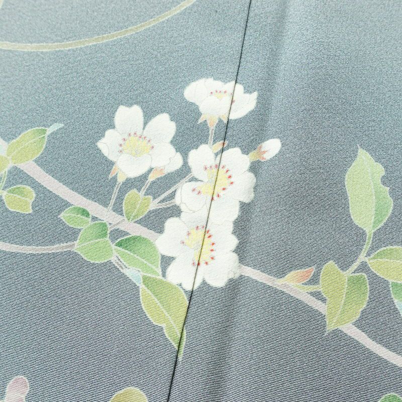 訪問着 落款入り 縮緬 一つ紋付き 正絹 木の葉・植物柄 袷仕立て 身丈157cm 裄丈66cm 共八掛 フォーマル 友禅 着物 入学式 卒業式 作家物 青・紺_画像7