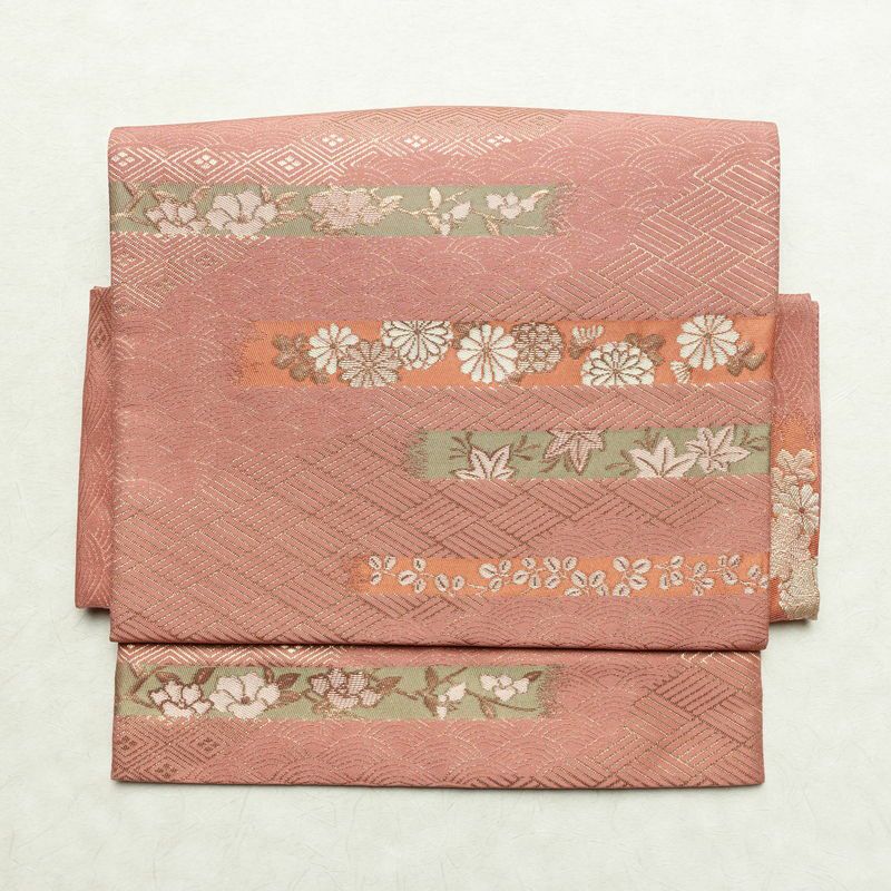 作り帯 名古屋帯 なごや帯 六通柄 美品 正絹 古典柄 金糸 帯 くすみピンク ピンク_画像2