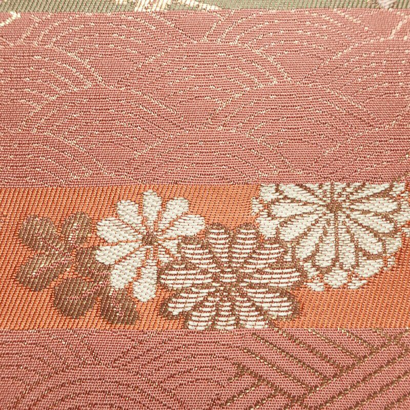 作り帯 名古屋帯 なごや帯 六通柄 美品 正絹 古典柄 金糸 帯 くすみピンク ピンク_画像4
