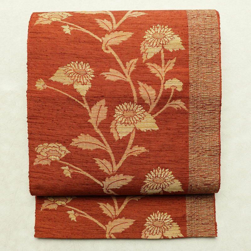 名古屋帯 なごや帯 六通柄 美品 正絹 花柄 通し仕立て 帯 未使用品 モダン カジュアル 紬地 橙_画像1