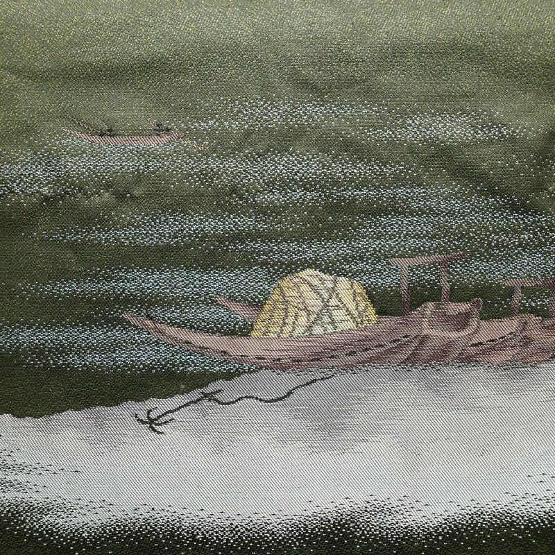 名古屋帯 なごや帯 太鼓柄 美品 正絹 風景柄 名古屋仕立て 金通し 舟 釣り シンプル 未使用品 帯 緑・うぐいす色_画像2