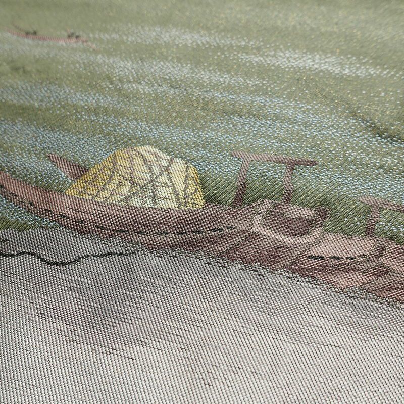 名古屋帯 なごや帯 太鼓柄 美品 正絹 風景柄 名古屋仕立て 金通し 舟 釣り シンプル 未使用品 帯 緑・うぐいす色_画像3