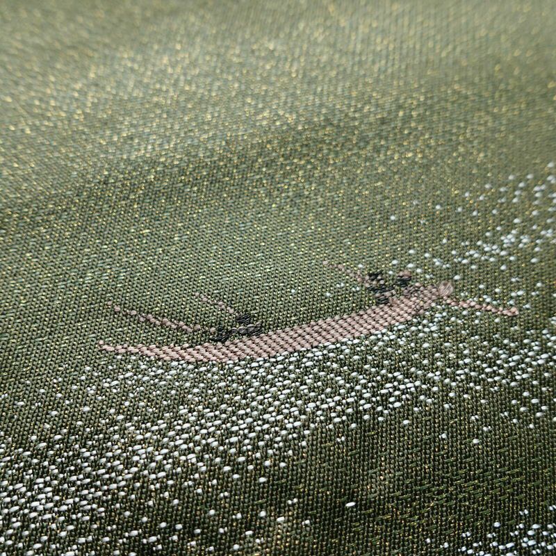 名古屋帯 なごや帯 太鼓柄 美品 正絹 風景柄 名古屋仕立て 金通し 舟 釣り シンプル 未使用品 帯 緑・うぐいす色_画像7