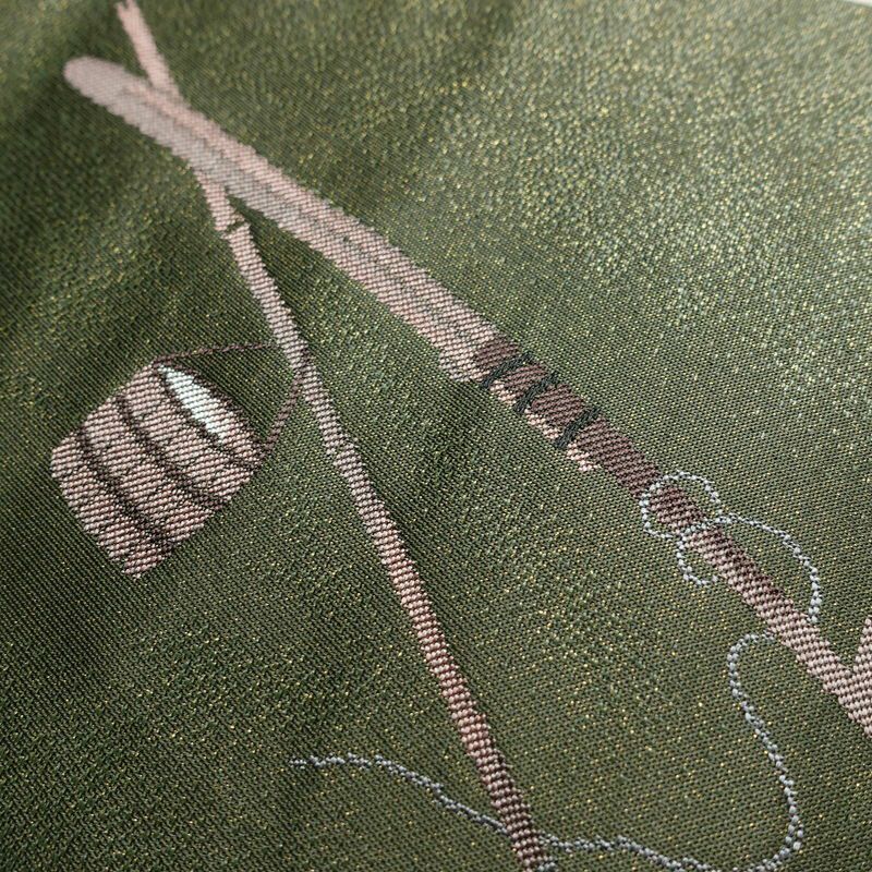 名古屋帯 なごや帯 太鼓柄 美品 正絹 風景柄 名古屋仕立て 金通し 舟 釣り シンプル 未使用品 帯 緑・うぐいす色_画像13