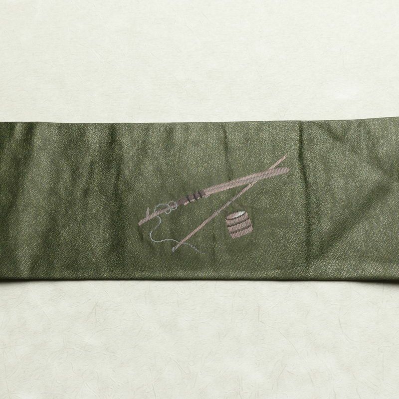 名古屋帯 なごや帯 太鼓柄 美品 正絹 風景柄 名古屋仕立て 金通し 舟 釣り シンプル 未使用品 帯 緑・うぐいす色_画像14