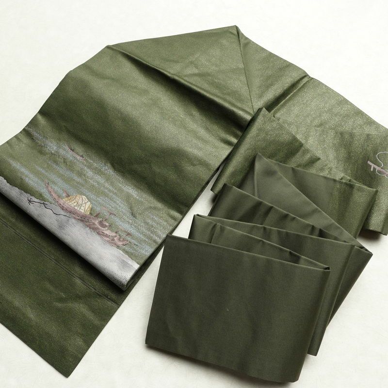 名古屋帯 なごや帯 太鼓柄 美品 正絹 風景柄 名古屋仕立て 金通し 舟 釣り シンプル 未使用品 帯 緑・うぐいす色_画像17