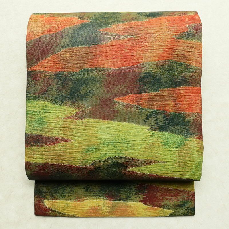 名古屋帯 なごや帯 ふくれ織 太鼓柄 良品 正絹 幾何学柄・抽象柄 名古屋仕立て 箔 帯 モダン 多色使い_画像1