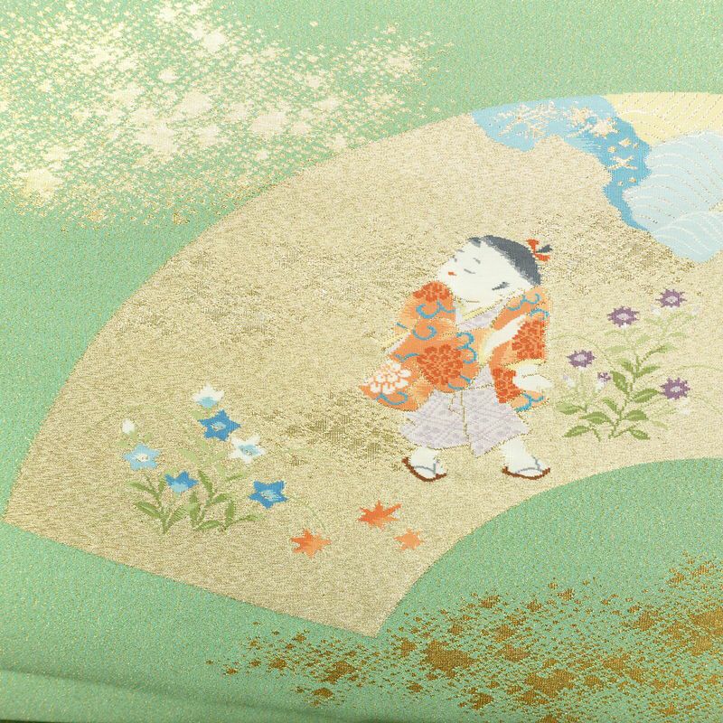 袋帯 つづれ織 太鼓柄 美品 フォーマル用 正絹 人物・動物柄 箔 帯 入学式 卒業式 パステルカラー 金通し 緑・うぐいす色_画像2