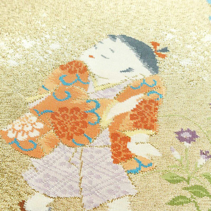 袋帯 つづれ織 太鼓柄 美品 フォーマル用 正絹 人物・動物柄 箔 帯 入学式 卒業式 パステルカラー 金通し 緑・うぐいす色_画像3