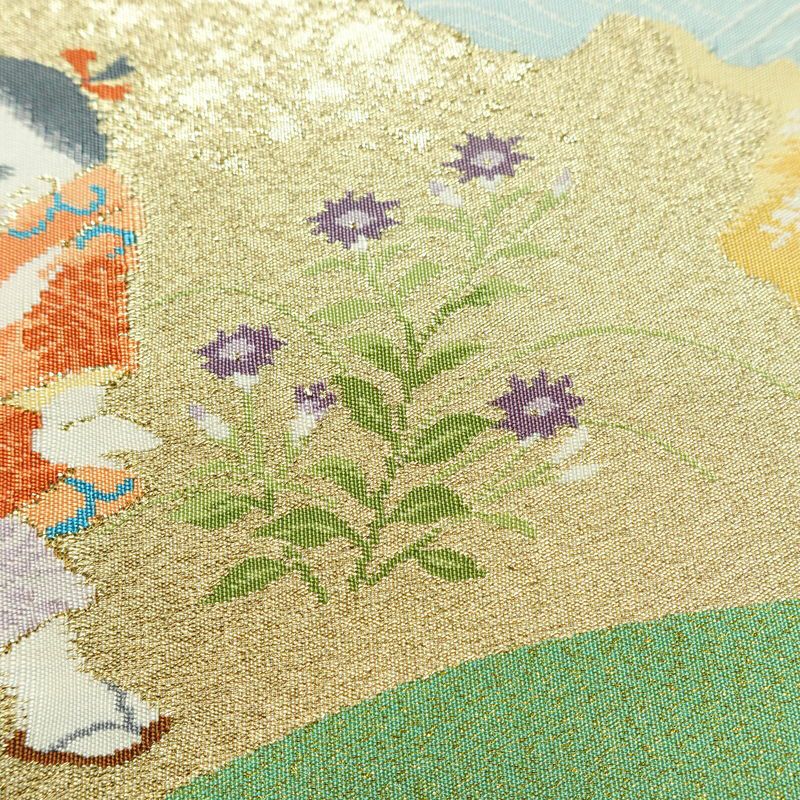 袋帯 つづれ織 太鼓柄 美品 フォーマル用 正絹 人物・動物柄 箔 帯 入学式 卒業式 パステルカラー 金通し 緑・うぐいす色_画像4