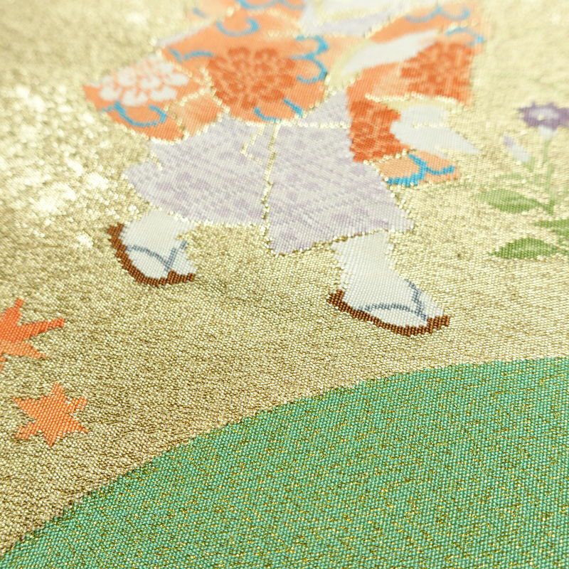 袋帯 つづれ織 太鼓柄 美品 フォーマル用 正絹 人物・動物柄 箔 帯 入学式 卒業式 パステルカラー 金通し 緑・うぐいす色_画像7