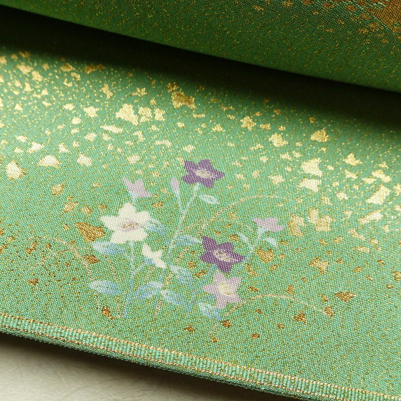 袋帯 つづれ織 太鼓柄 美品 フォーマル用 正絹 人物・動物柄 箔 帯 入学式 卒業式 パステルカラー 金通し 緑・うぐいす色_画像9