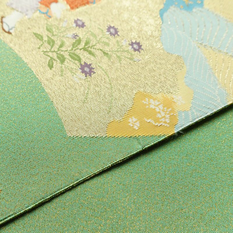 袋帯 つづれ織 太鼓柄 美品 フォーマル用 正絹 人物・動物柄 箔 帯 入学式 卒業式 パステルカラー 金通し 緑・うぐいす色_画像13