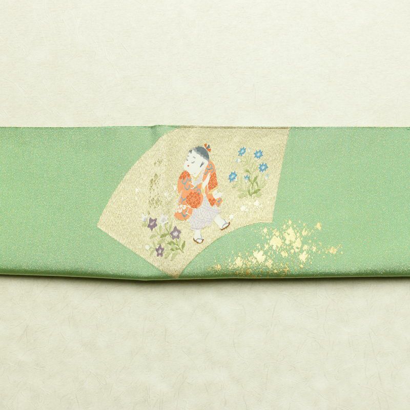 袋帯 つづれ織 太鼓柄 美品 フォーマル用 正絹 人物・動物柄 箔 帯 入学式 卒業式 パステルカラー 金通し 緑・うぐいす色_画像15
