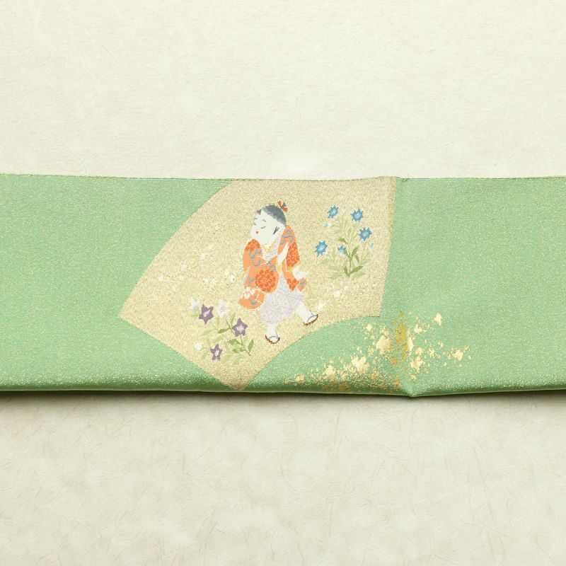 袋帯 つづれ織 太鼓柄 美品 フォーマル用 正絹 人物・動物柄 箔 帯 入学式 卒業式 パステルカラー 金通し 緑・うぐいす色_画像16