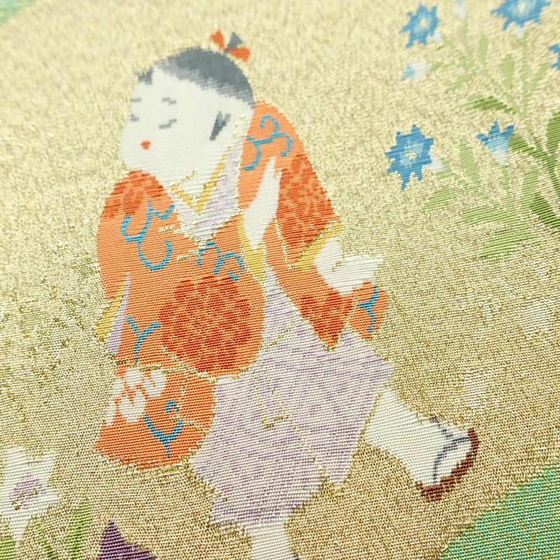 袋帯 つづれ織 太鼓柄 美品 フォーマル用 正絹 人物・動物柄 箔 帯 入学式 卒業式 パステルカラー 金通し 緑・うぐいす色_画像18