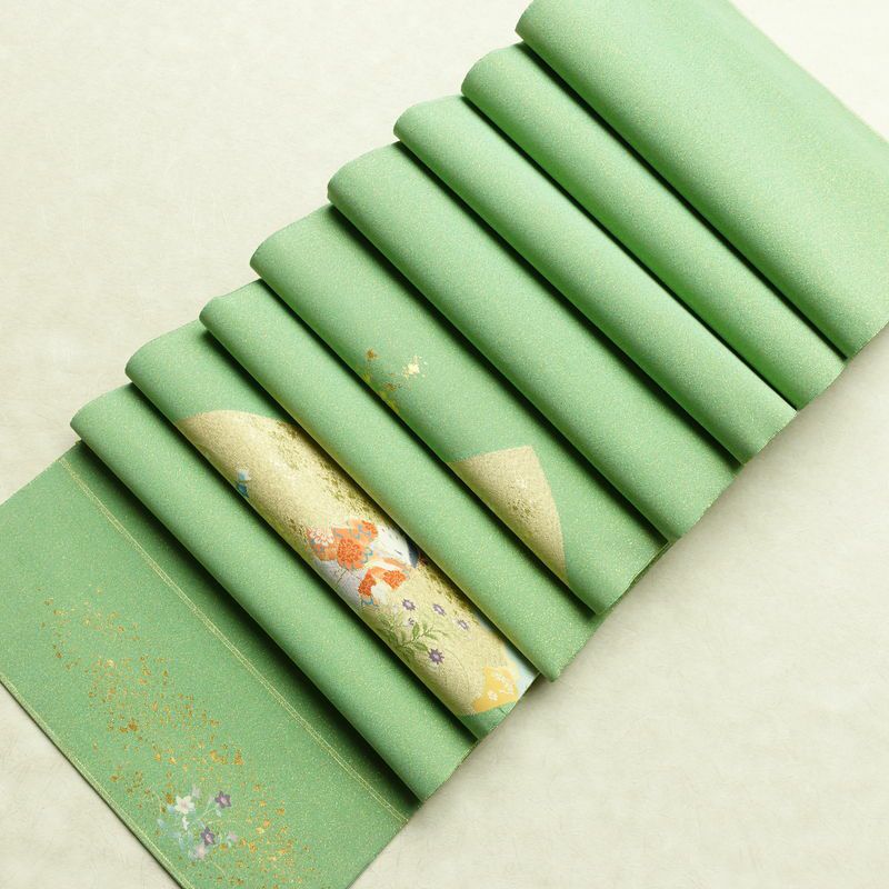 袋帯 つづれ織 太鼓柄 美品 フォーマル用 正絹 人物・動物柄 箔 帯 入学式 卒業式 パステルカラー 金通し 緑・うぐいす色_画像20