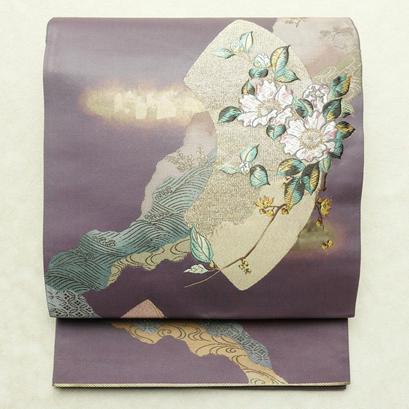 袋帯 六通柄 美品 証紙あり フォーマル用 正絹 花柄 箔 刺繍 金糸 帯 入学式 卒業式 結婚式 紫・藤色_画像1