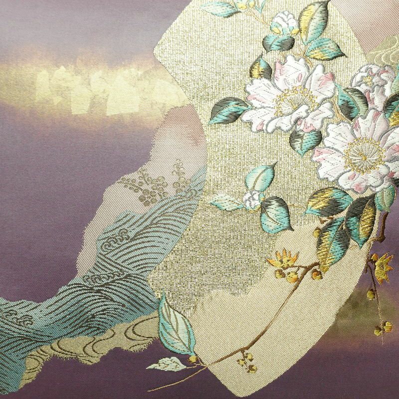 袋帯 六通柄 美品 証紙あり フォーマル用 正絹 花柄 箔 刺繍 金糸 帯 入学式 卒業式 結婚式 紫・藤色_画像2