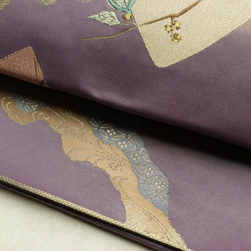 袋帯 六通柄 美品 証紙あり フォーマル用 正絹 花柄 箔 刺繍 金糸 帯 入学式 卒業式 結婚式 紫・藤色_画像8
