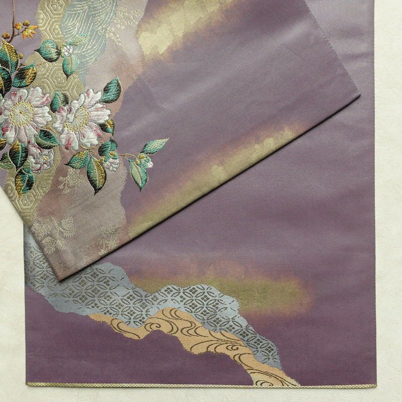 袋帯 六通柄 美品 証紙あり フォーマル用 正絹 花柄 箔 刺繍 金糸 帯 入学式 卒業式 結婚式 紫・藤色_画像12