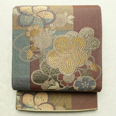 袋帯 六通柄 良品 フォーマル用 正絹 花柄 箔 金糸 帯 入学式 卒業式 結婚式 桜 くすみカラー 多色使い