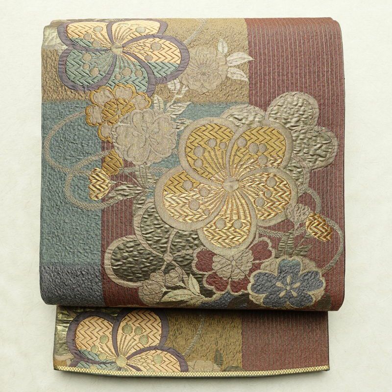 袋帯 六通柄 良品 フォーマル用 正絹 花柄 箔 金糸 帯 入学式 卒業式 結婚式 桜 くすみカラー 多色使い_画像1