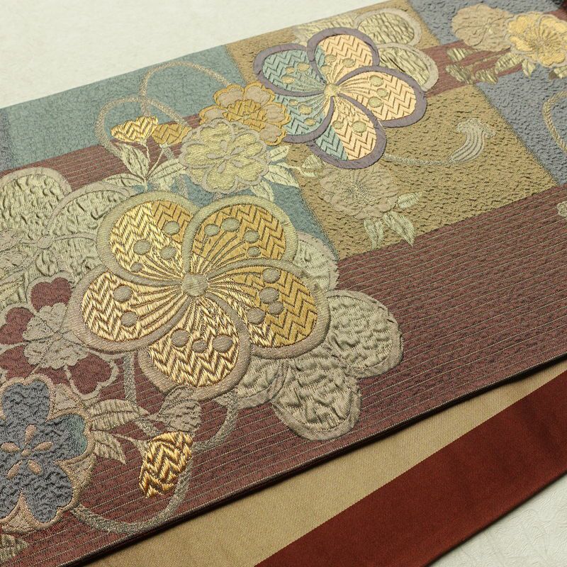 袋帯 六通柄 良品 フォーマル用 正絹 花柄 箔 金糸 帯 入学式 卒業式 結婚式 桜 くすみカラー 多色使い_画像12