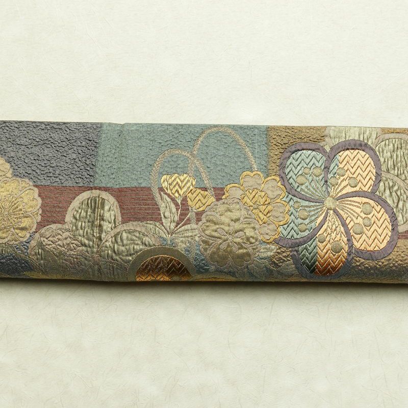袋帯 六通柄 良品 フォーマル用 正絹 花柄 箔 金糸 帯 入学式 卒業式 結婚式 桜 くすみカラー 多色使い_画像15