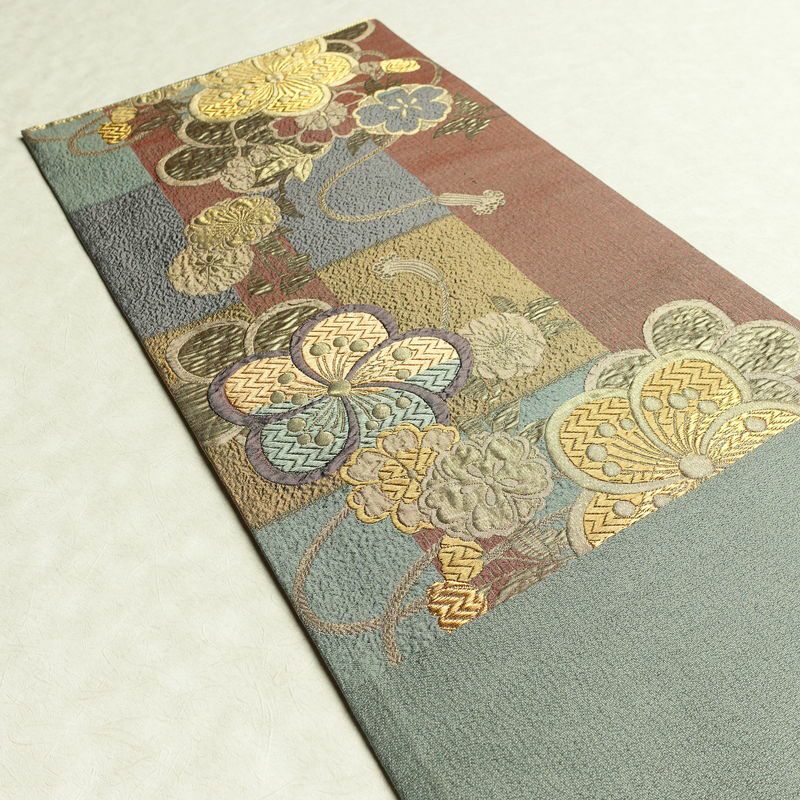袋帯 六通柄 良品 フォーマル用 正絹 花柄 箔 金糸 帯 入学式 卒業式 結婚式 桜 くすみカラー 多色使い_画像17
