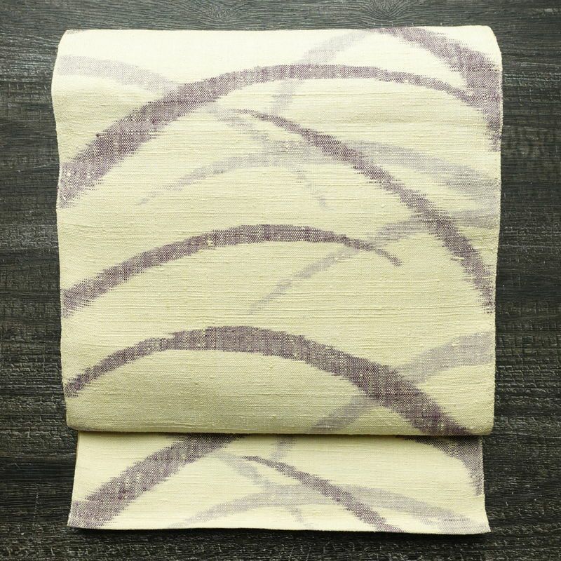 名古屋帯 全通柄 正絹 木の葉・植物柄 松葉仕立て 帯 紬地 芝 クリーム_画像1