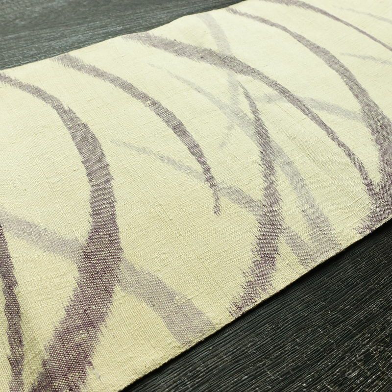 名古屋帯 全通柄 正絹 木の葉・植物柄 松葉仕立て 帯 紬地 芝 クリーム_画像9