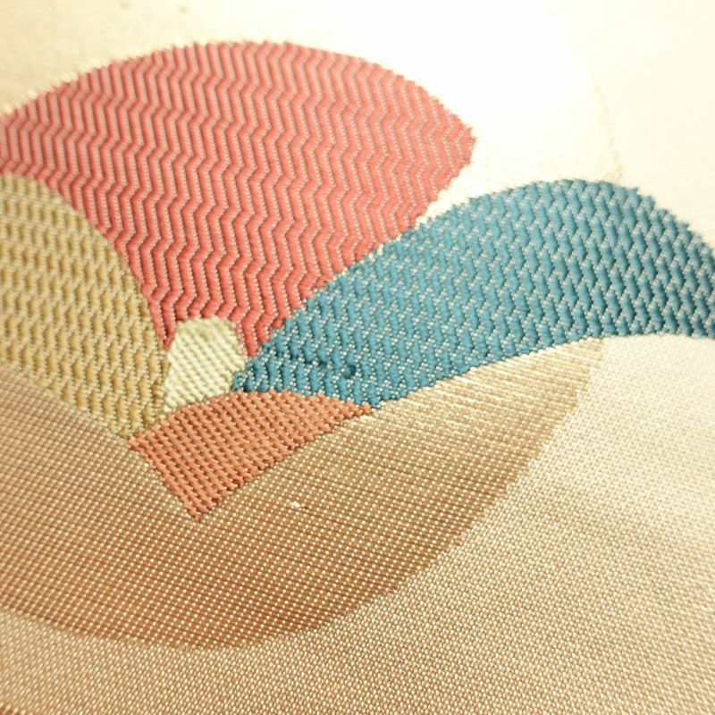 名古屋帯 太鼓柄 良品 正絹 花柄 名古屋仕立て 箔 帯 ベージュ_画像3