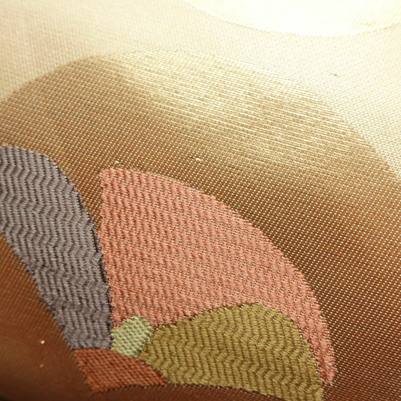 名古屋帯 太鼓柄 良品 正絹 花柄 名古屋仕立て 箔 帯 ベージュ_画像5