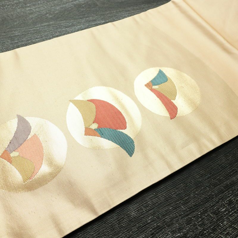 名古屋帯 太鼓柄 良品 正絹 花柄 名古屋仕立て 箔 帯 ベージュ_画像13