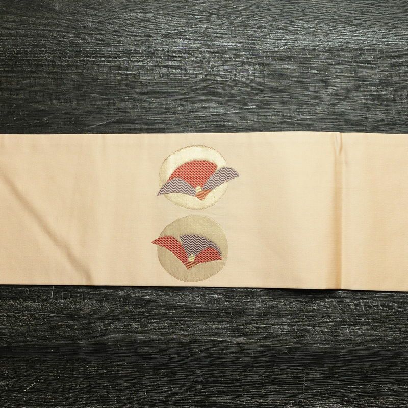 名古屋帯 太鼓柄 良品 正絹 花柄 名古屋仕立て 箔 帯 ベージュ_画像14
