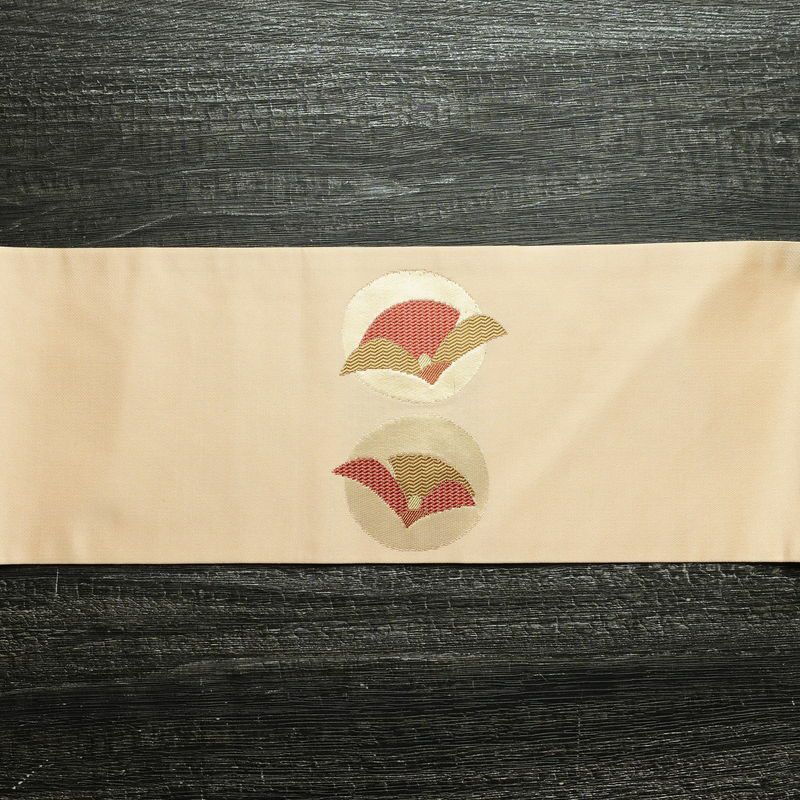名古屋帯 太鼓柄 良品 正絹 花柄 名古屋仕立て 箔 帯 ベージュ_画像15