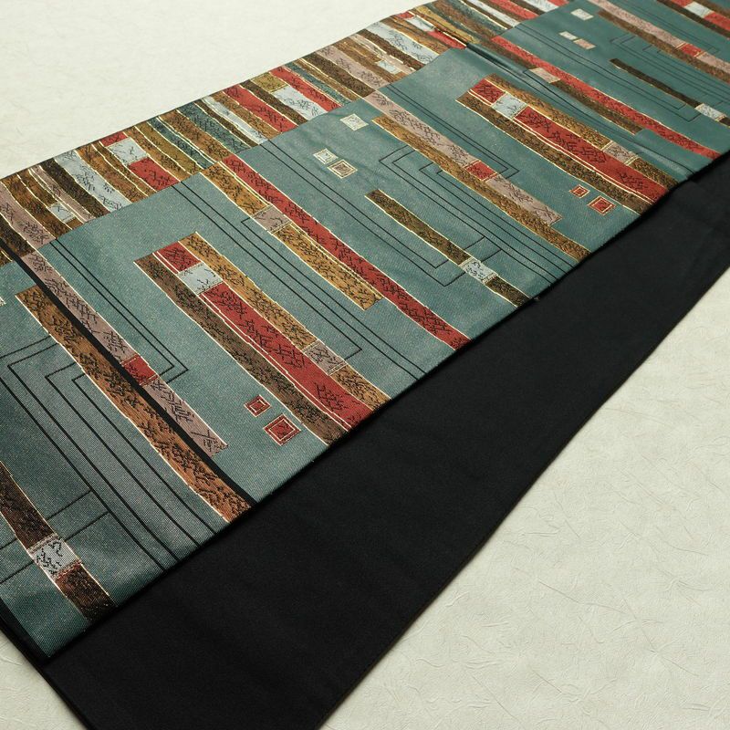 袋帯 六通柄 良品 フォーマル用 正絹 縞柄・線柄 箔 帯 入学式 卒業式 緑・うぐいす色_画像9