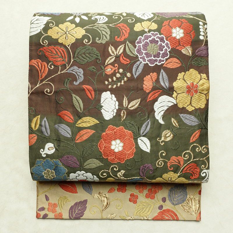 袋帯 紹巴 六通柄 正絹 木の葉・植物柄 金糸 帯 入学式 卒業式 結婚式 多色使い_画像1