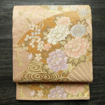 袋帯 プラチナ箔 六通柄 美品 フォーマル用 正絹 花柄 箔 金通し 金糸 帯 入学式 卒業式 結婚式 ピンク
