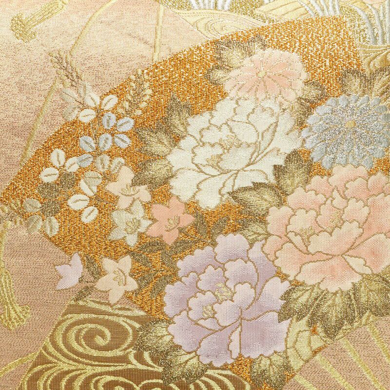 袋帯 プラチナ箔 六通柄 美品 フォーマル用 正絹 花柄 箔 金通し 金糸 帯 入学式 卒業式 結婚式 ピンク_画像2